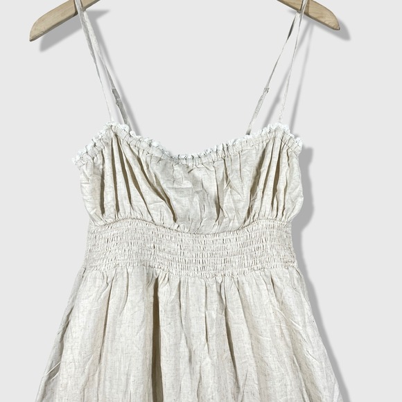 Very J Midi Dress Women Medium Beige Cottagecore Boho Smocked Tiered Lace Trim - Picture 2 of 8